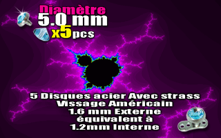 lot de 5 disque acier avec strass ciel - diametre 5.0 mm - vissage americain interne 1.2 mm equivalent a 1.6 mm externe.