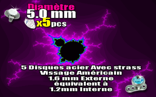 lot de 5 disque acier avec strass cristal - diametre 5.0 mm - vissage americain interne 1.2 mm equivalent a 1.6 mm externe.