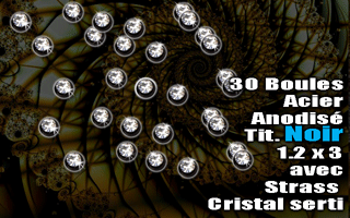 lot de 30 boules 1.2x3mm acier anodise noir avec strass cristal serti