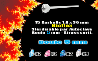 lot de 15 barbelles bioflex 1.6 x 30 mm - boule 5 mm strass serti. stérilisable par autoclave