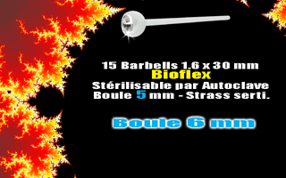 lot de 15 barbelles bioflex 1.6 x 30 mm - boule 6 mm strass serti.stérilisable par autoclave
