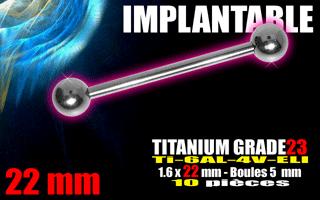 lot de 10 barbell en titane grade 23 1.6 x 22 mm - boule 5 mm - bijou implantable selon norme europeenne.