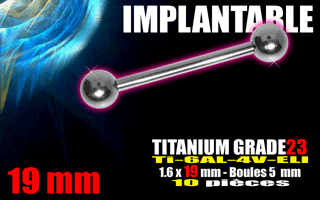 lot de 10 barbell en titane grade 23 1.6 x 19 mm - boule 5 mm - bijou implantable selon norme europeenne.