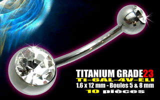 lot de 10 bananes en titane grade 23 1.6 x 12 mm - boule 5 & 8 mm - strass cristal serti - bijou implantable selon norme europeenne.