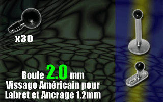 boules acier 316 anodise noir- diametre 2.0 mm. vissage americain pour labret ou ancrage 1.2 mm (0.8 interne)