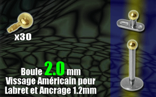 lot de 30 boules acier 316 anodise or- diametre 2.0 mm. vissage americain pour labret ou ancrage 1.2 mm (0.8 interne)