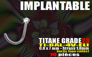 10 nostrils courbes en titane grade 23 - implantable - avec strass cristal 2.0 mm serti (non colle) - 0.8 x 7 mm