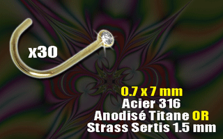 30 nostrils courbes en acier 316 anodise en titane or - avec strass cristal 1.5 mm serti (non colle) - 0.8 x 7 mm