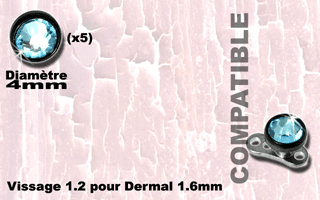 5 accessoire acier 316 anodise noir - strass bleu ciel - 4 mm de diametre - vissage 1.2 mm compatbile pour dermal et labret 1.6 mm