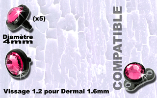 5 accessoire acier 316 anodise noir - strass rose - 4 mm de diametre - vissage 1.2 mm compatbile pour dermal et labret 1.6 mm