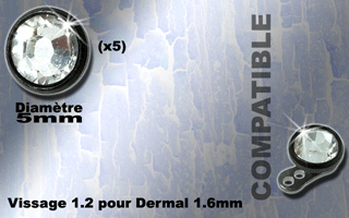 5 accessoire acier 316 anodise noir - strass cristal - 5 mm de diametre - vissage 1.2 mm compatbile pour dermal et labret 1.6 mm