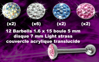 lot de 12 barbells acier 1.6x15mm boule 5 mm et dique 7 mm light strass - couvercle acrylique translucide