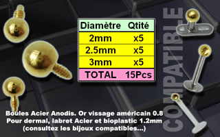 lot de 15 boules acier anodise or vissage americain 1.0 pour bijoux 1.2 mm