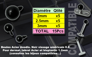 lot de 15 boules acier anodise noir vissage americain 1.0 pour bijoux 1.2 mm