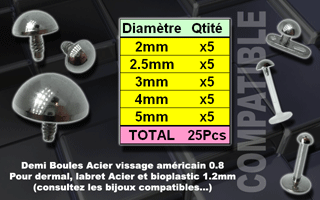 lot de 25 demi-boules acier vissage americain 1.0 pour bijoux 1.2 mm
