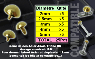 lot de 25 demi-boules acier anodise or vissage americain 1.0 pour bijoux 1.2 mm