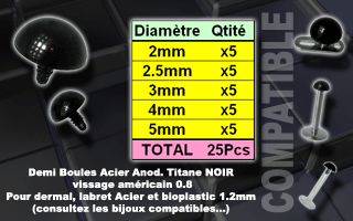 lot de 25 demi-boules acier anodise noir vissage americain 1.0 pour bijoux 1.2 mm