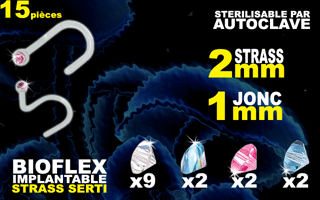 lot de 15 nostrils bioflex avec strass serti - implantable et sterilisable par autoclave. strass 2mm - jonc 1mm