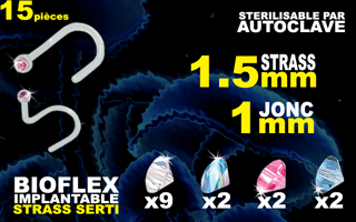 lot de 15 nostrils bioflex avec strass serti - implantable et sterilisable par autoclave. strass 1.5mm - jonc 1mm