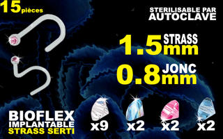 lot de 15 nostrils bioflex avec strass serti - implantable et sterilisable par autoclave. strass 1.5mm - jonc 0.8mm
