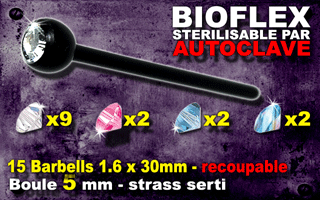 lot de 15 barbells bioflex noir avec strass serti - 1.6 x 30 - recoupable - stérilisable par autoclave. boule : 5mm