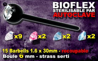 lot de 15 barbells bioflex noir avec strass serti - 1.6 x 30 - recoupable - stérilisable par autoclave. boule : 6mm