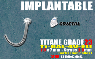 lot de 20 nostrils titane grade 23 - 1.0 x 7 mm - strass cristal serti 2.0 mm ultra plat