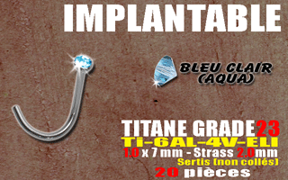 lot de 20 nostrils titane grade 23 - 1.0 x 7 mm - strass bleu ciel serti