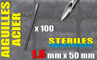 100 aiguilles acier 50 mm - diametre 1.6 mm - triple biseau - sterilisees en france - emballees individuellement. avec protection en mousse du biseau. 14 g
