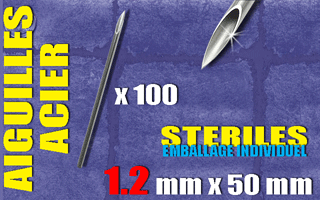 100 aiguilles acier 50 mm - diametre 1.2 mm - triple biseau - sterilisees en france - emballees individuellement avec protection en mousse du biseau. 16 g