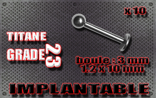 lot de 10 micro labret 1.2 x 10mm - boule 3mm - titane grade 23 - immplantable -