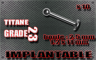 lot de 10 micro labret 1.2 x 11mm - boule 2.5mm - titane grade 23 - immplantable -