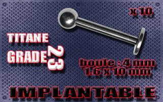 lot de 10 labret 1.6 x 10mm - boule 4mm - titane grade 23 - immplantable -