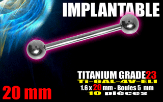 lot de 10 barbell 1.6 x 20mm - boule 5mm - titane grade 23 - immplantable -
