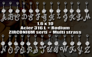 lot de 26 bananes barre acier 1.6 x 10 et rodium. cristal zirconium serti et multi strass colles. 26 lettres de a -> z