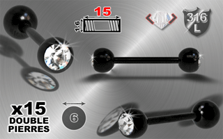 lot de 15 barbells acier 316 l anidose noir double strass sertis barre 1.6 x 15 - boule 6 mm