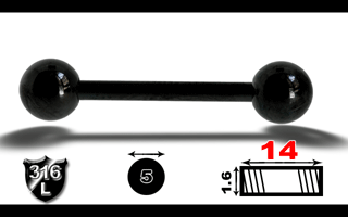 lot de 15 barbell acier anodise noir 1.6 x 14 - boule de 5 mm