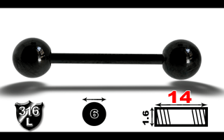lot de 15 barbell acier anodise noir 1.6 x 14 - boule de 6 mm