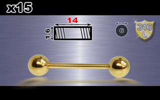 lot de 15 barbell acier 316 l anodise or barre 1.6 x 14 - boule 6 mm