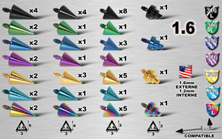 lot de 58 accessoires cone et pyramides acier 316 l anodises vissage americain 1.6 (externe) 1.2 (interne) verifiez les references compatibles !!!