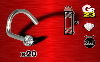 lot de 20 nostrils titane grade 23 avec strass cristal serti 2.5 mm - jonc 1.0 mm longueur 7 mm
