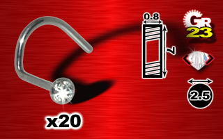 lot de 20 nostrils titane grade 23 avec strass cristal serti 2.5 mm - jonc 0.8 mm longueur 7 mm