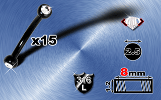 lot de 15 micro bananes en acier anodise noir 1.2x8mm - 2 boules strass 2.5 mm serties