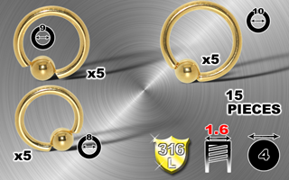 lot de 15 anneaux acier 1.6 mm acier 316 l anodise or - boule 4 mm