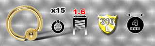 lot de 15 anneaux 1.6 x 8 mm - boule 4 mm - acier 316 l anodise or