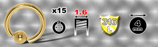 lot de 15 anneaux 1.6 x 9 mm - boule 4 mm - acier 316 l anodise or
