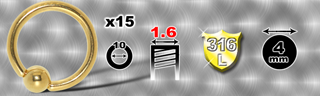 lot de 15 anneaux 1.6 x 10 mm - boule 4 mm - acier 316 l anodise or