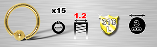 lot de 15 anneaux 1.2 x 8 mm - boule 3 mm - acier 316 l anodise or