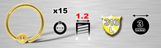 lot de 15 anneaux 1.2 x 9 mm - boule 4 mm - acier 316 l anodise or