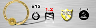 lot de 15 anneaux 1.2 x 10 mm - boule 4 mm - acier 316 l anodise or